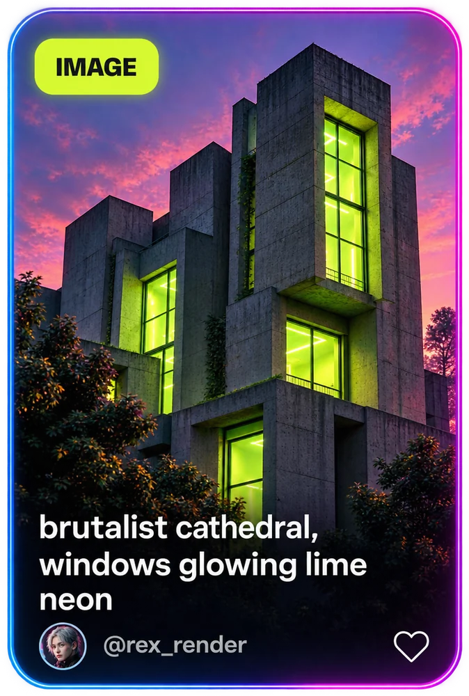 Post card: brutalist cathedral, windows glowing lime neon, an image by @rex_render