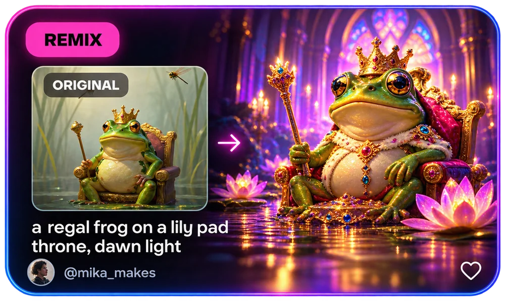 Remix card: the original frog on a lily pad beside its remix, a regal frog on a throne with a crown and sceptre, by @mika_makes