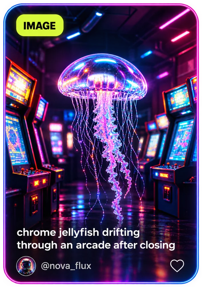 Post card: chrome jellyfish drifting through an arcade after closing, an image by @nova_flux