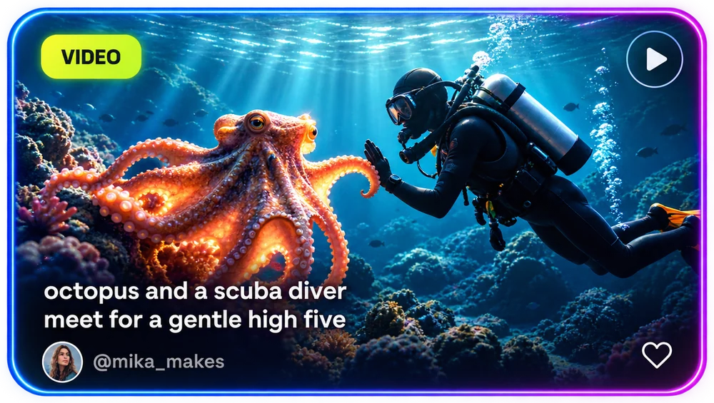 Post card: octopus and a scuba diver meet for a gentle high five, a video by @mika_makes