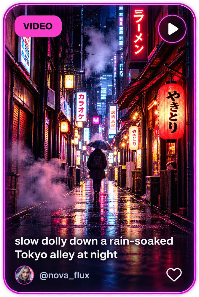 Post card: slow dolly down a rain-soaked Tokyo alley at night, a video by @nova_flux