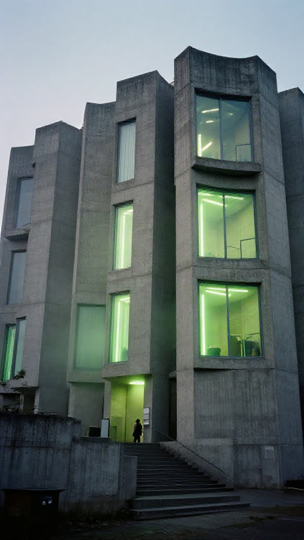 A brutalist concrete building with lime neon windows