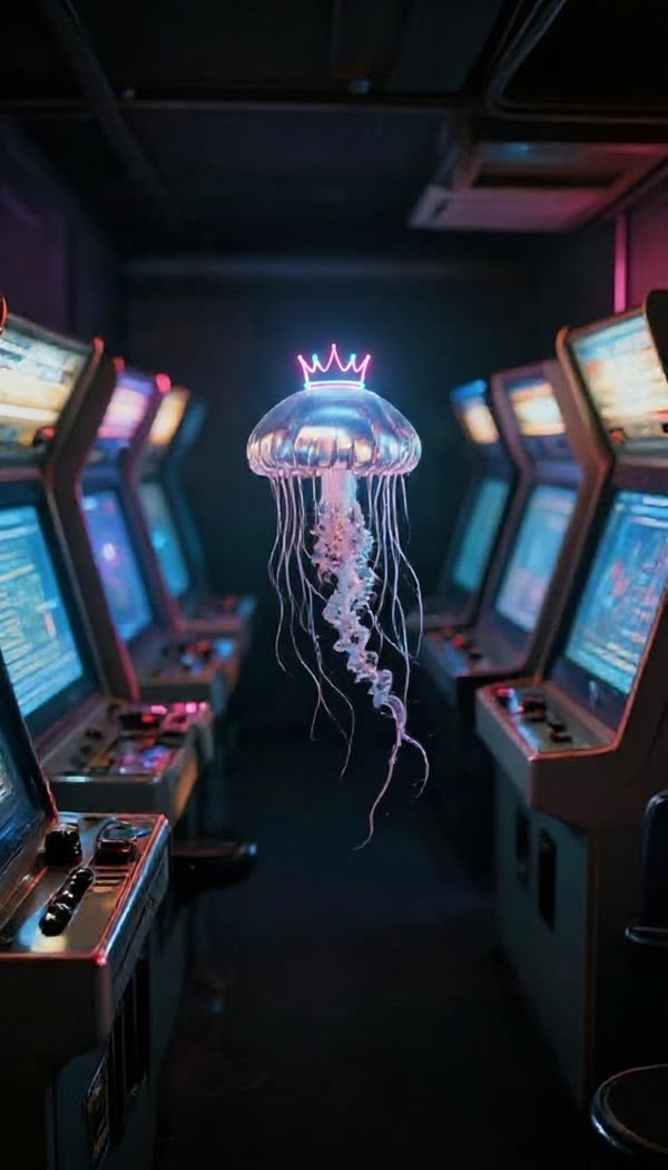 The chrome jellyfish, now wearing a small neon crown
