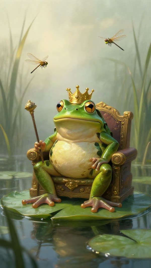 A frog wearing a golden crown on a lily pad