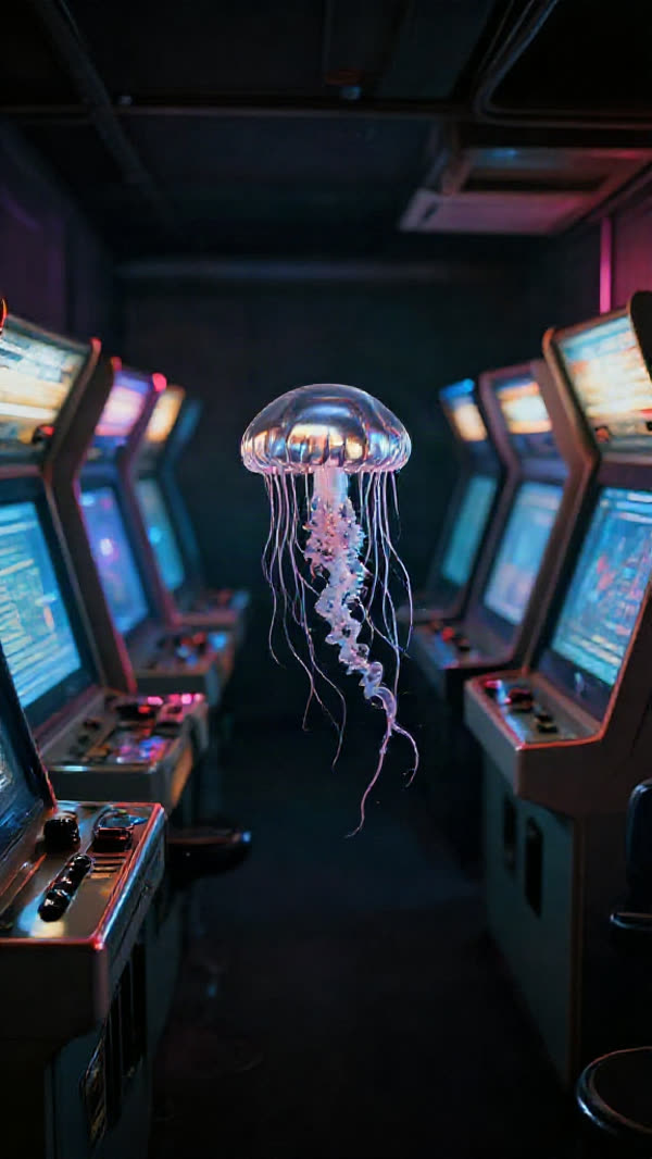 A chrome jellyfish drifting between arcade cabinets