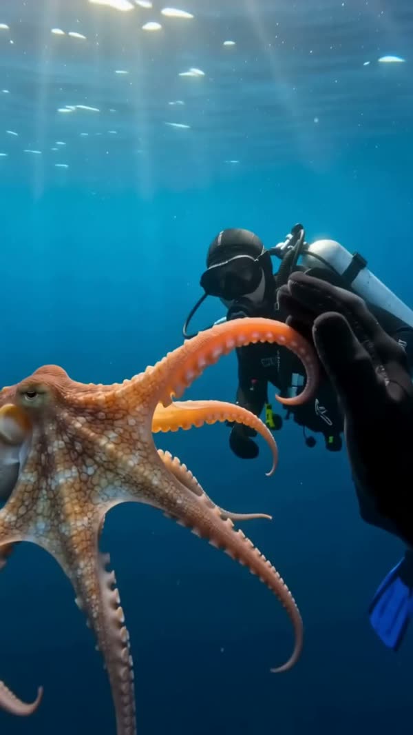 An octopus and a scuba diver underwater