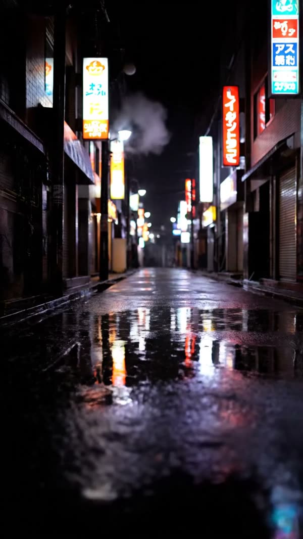 A rain-soaked Tokyo alley at night